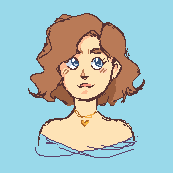 anime-ish pixel sketch me! (a white lady with a curly brown bob, big brows, blue eyes)